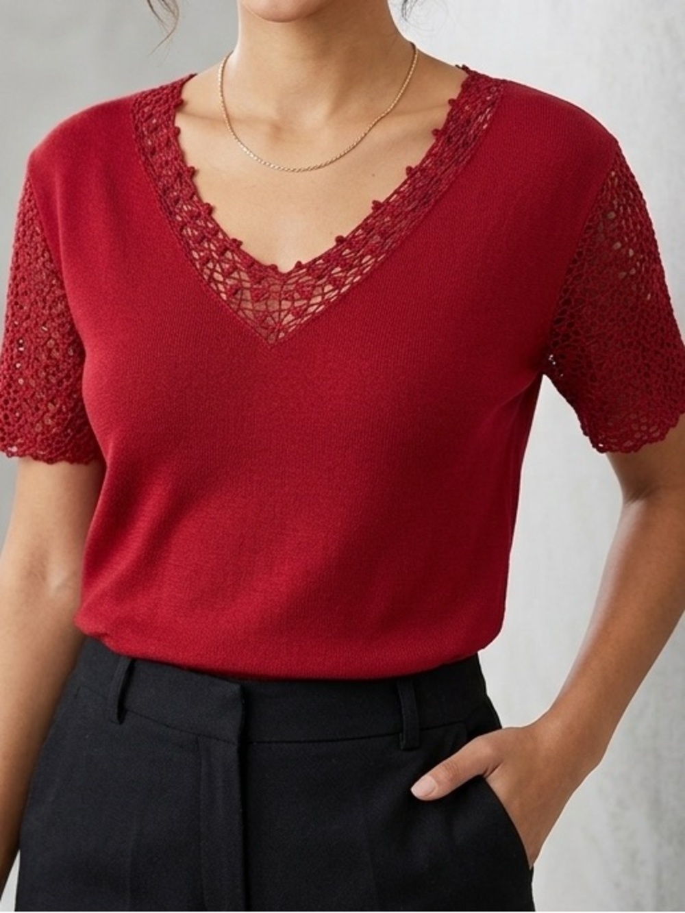 Short-Sleeve Sweater with Crochet Detail